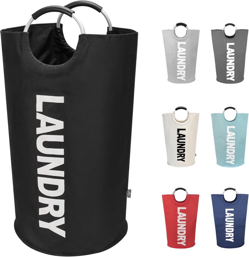 90L Large Laundry Basket, Collapsible Laundry Bag, Freestanding Tall Clothes Hamper, Foldable Washing Bin (Black)