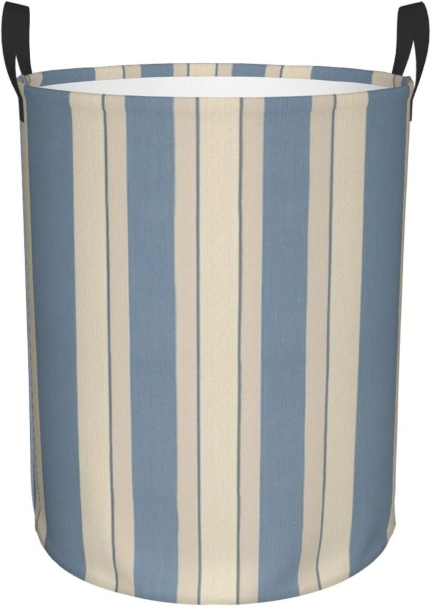 Blue Beige Stripe Laundry Basket Foldable Waterproof Laundry Hamper Clothes Storage Bin With Handles Oxford Cloth Toy Organizer Basket For Bathroom Laundry Bedroom Small