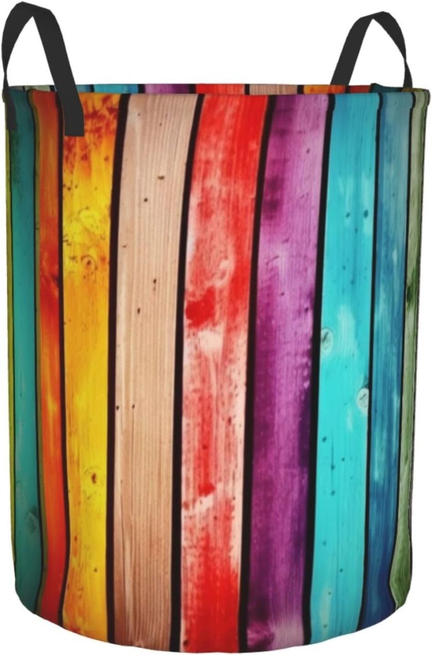 Colorful Wooden Boards Laundry Basket Foldable Waterproof Laundry Hamper Clothes Storage Bin With Handles Oxford Cloth Toy Organizer Basket For Bathroom Laundry Bedroom Medium - Image 2