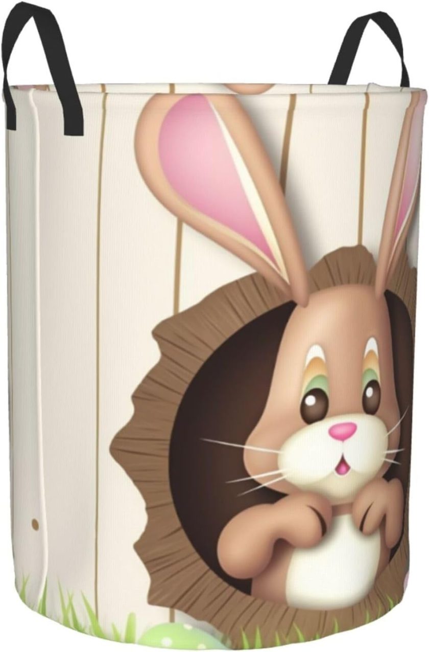 Easter Bunny Wooden Hole Laundry Basket Foldable Waterproof Laundry Hamper Clothes Storage Bin With Handles Oxford Cloth Toy Organizer Basket For Bathroom Laundry Bedroom Medium - Image 2