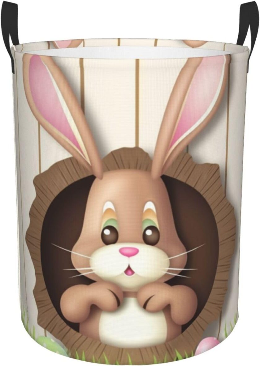 Easter Bunny Wooden Hole Laundry Basket Foldable Waterproof Laundry Hamper Clothes Storage Bin With Handles Oxford Cloth Toy Organizer Basket For Bathroom Laundry Bedroom Medium