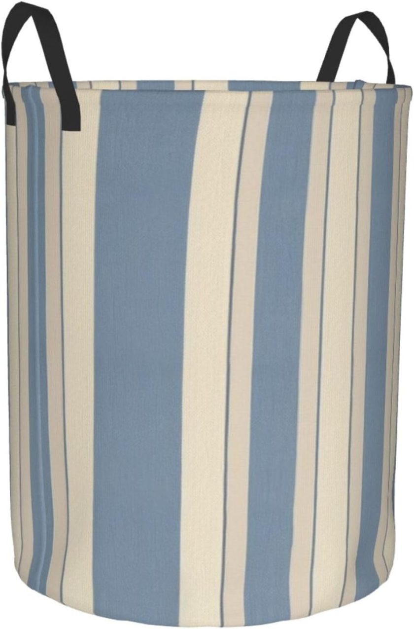 Blue Beige Stripe Laundry Basket Foldable Waterproof Laundry Hamper Clothes Storage Bin With Handles Oxford Cloth Toy Organizer Basket For Bathroom Laundry Bedroom Small - Image 2