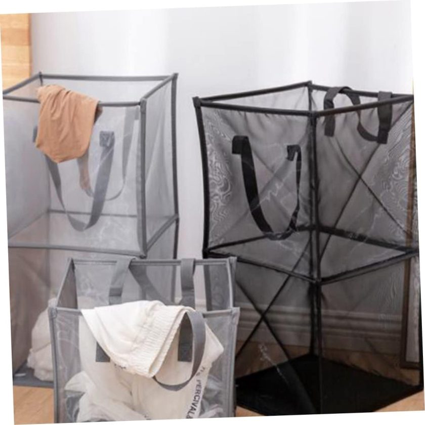 Foldable Mesh Laundry Basket Double Layer Storage Organizer for Clothes and Space Saving Design Black Color for Home and Bathroom Use - Image 2
