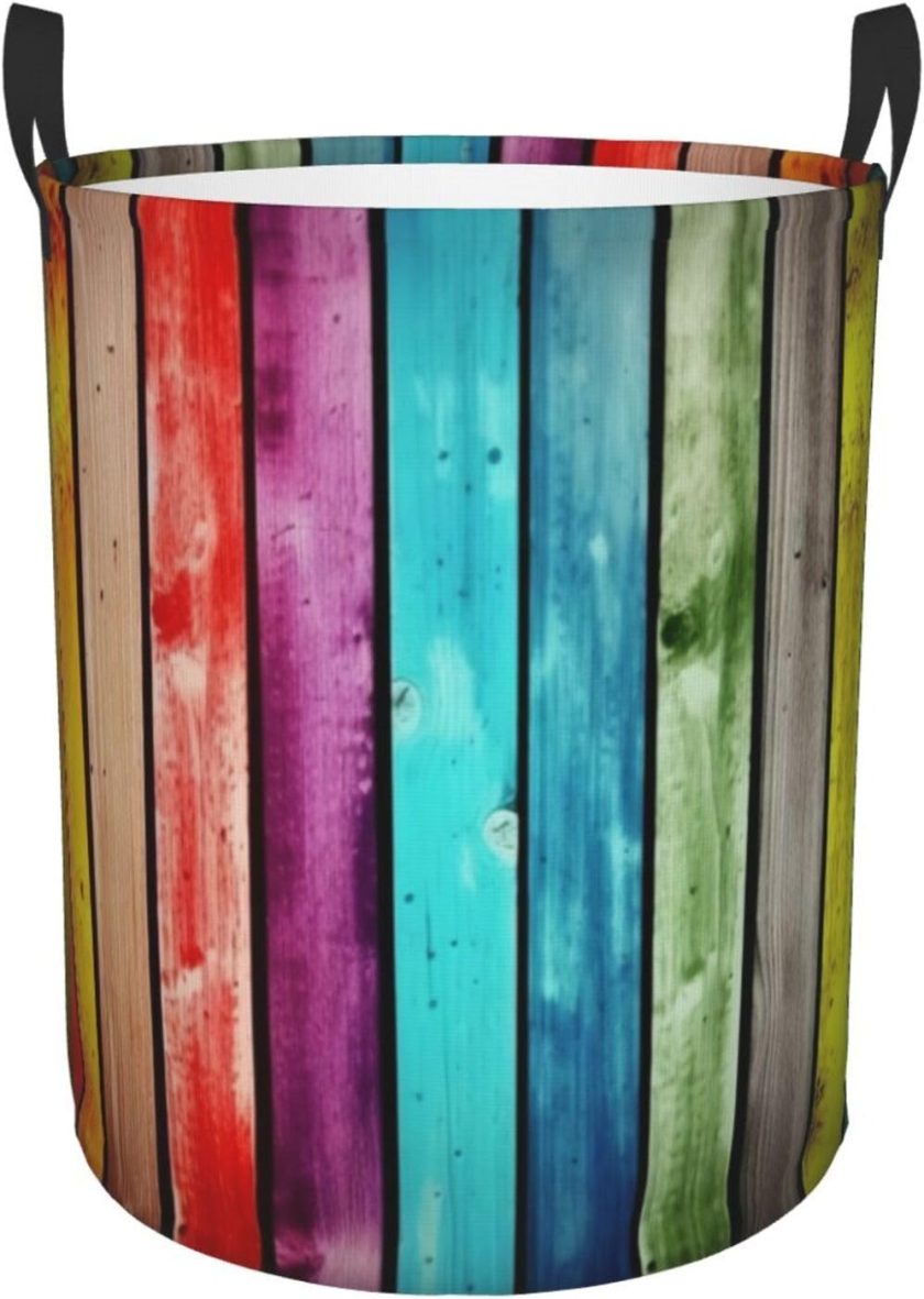 Colorful Wooden Boards Laundry Basket Foldable Waterproof Laundry Hamper Clothes Storage Bin With Handles Oxford Cloth Toy Organizer Basket For Bathroom Laundry Bedroom Medium