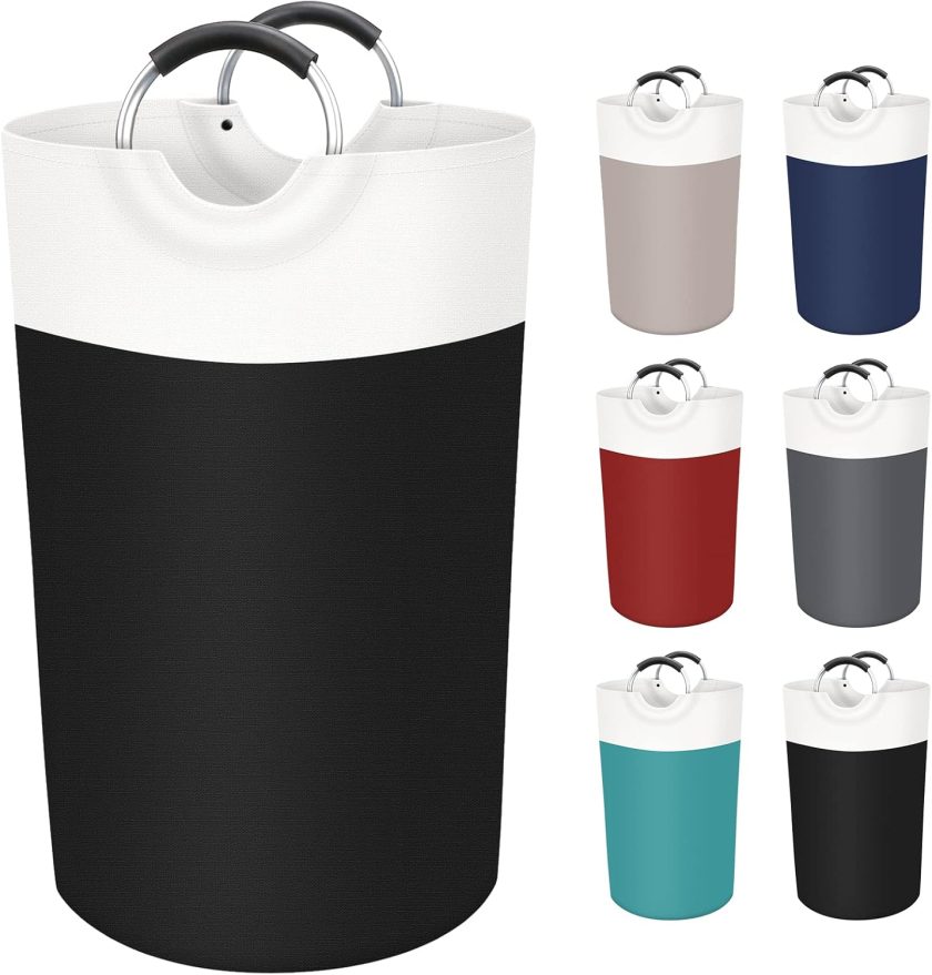 90L Laundry Basket, Freestanding Laundry Hamper, Collapsible Dirty Clothes Hamper, Waterproof Fabric with Foam Protected Aluminum Handles for College, Dorm, Family (Black)