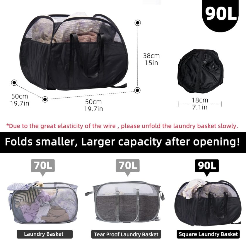 Collapsible Laundry Basket, 90L Foldable Pop Up Laundry Hamper with Reinforced Handles, Tear Proof Mesh Dirty Clothes Hamper for Laundry (Black) - Image 2