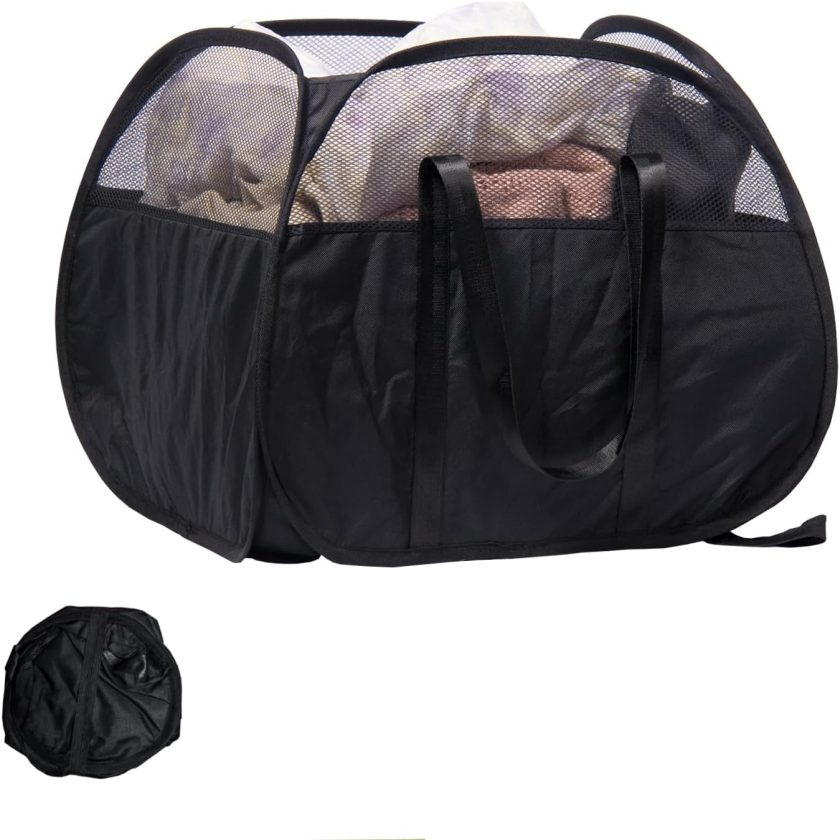 Collapsible Laundry Basket, 90L Foldable Pop Up Laundry Hamper with Reinforced Handles, Tear Proof Mesh Dirty Clothes Hamper for Laundry (Black)