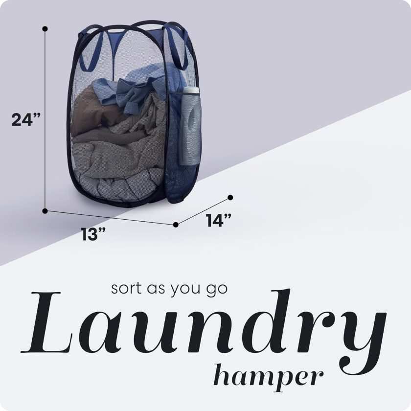 Collapsible Mesh Pop Up Hamper with Wide Opening and Side Pocket – Breathable, Sturdy, Foldable, and Space-Saving Design for Clothes and Storage. (Blue | 2-Pack) - Image 2