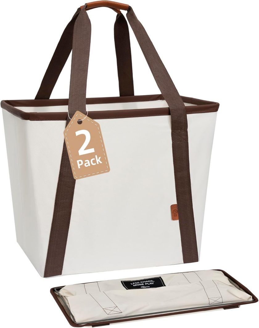 Collapsible Laundry Caddy, 128L (34 Gal) Large Collapsible Laundry Basket with Sturdy Metal Wire Frame, Long Carry Handles - Space-Saving, Foldable Laundry hamper, 2 Pack Beige
