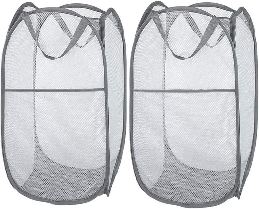2 Pack Popup Mesh Laundry Baskets, Collapsible and Portable Clothes Washing Laundry Hampers with Reinforced Carry Handles for Home, Travel, College Dorm 2*Grey