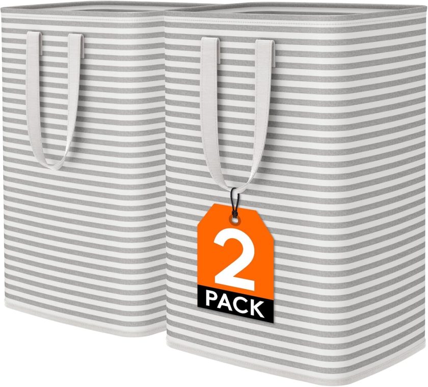 2 Pack Laundry Hamper Large Collapsible Laundry Baskets, Freestanding Waterproof Clothes Hamper with Easy Carry Handles in Laundry Room Bedroom Bathroom College Dorm for Adults, Grey, 2 x 80L