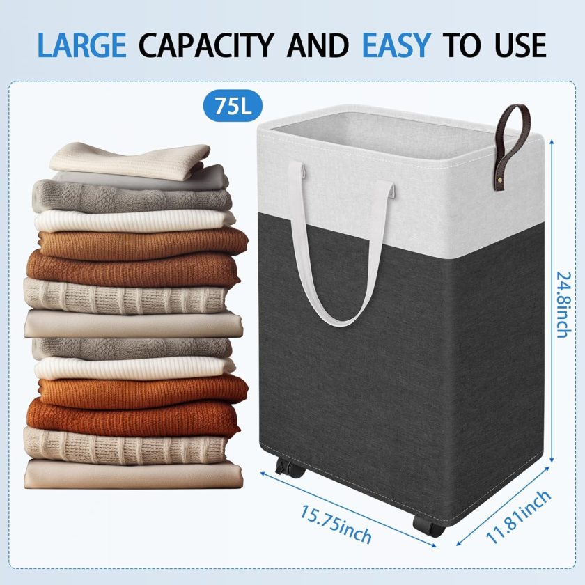 75L Rolling Laundry Basket with Wheels, Collapsible & Waterproof Laundry Hamper, Mobile Clothes Hamper, Storage Laundry Bins with Handles for Laundry Room, Bedroom, Bathroom & Dorm, Gray - Image 2