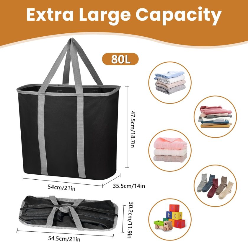 Collapsible Laundry Basket, Large Folding Clothes Hamper Bag, Fabric Laundry Tote Carry All Bin XL Pop Up Baskets with Handles, Waterproof Clothes Storage Basket for Bathroom, Family Black - Image 2