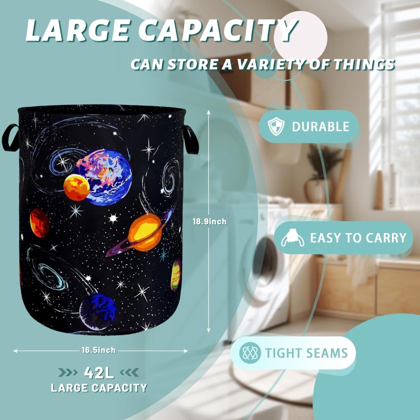 Colorful Starry Sky Planets Laundry Basket Galaxy Funny Laundry Hamper Foldable Oxford Cloth Universe Tote Bag Clothe Toy Storage Bucket 18.9"x16.5" For Bathroom/Laundry Storage/Bedroom - Image 2