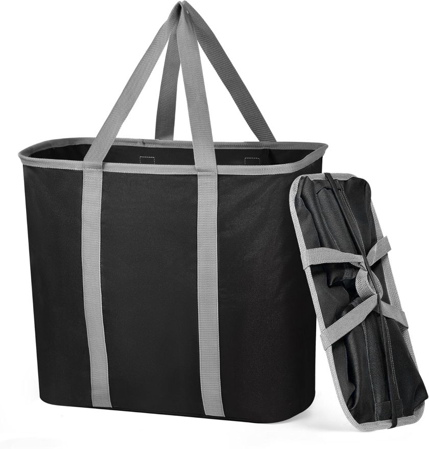 Collapsible Laundry Basket, Large Folding Clothes Hamper Bag, Fabric Laundry Tote Carry All Bin XL Pop Up Baskets with Handles, Waterproof Clothes Storage Basket for Bathroom, Family Black