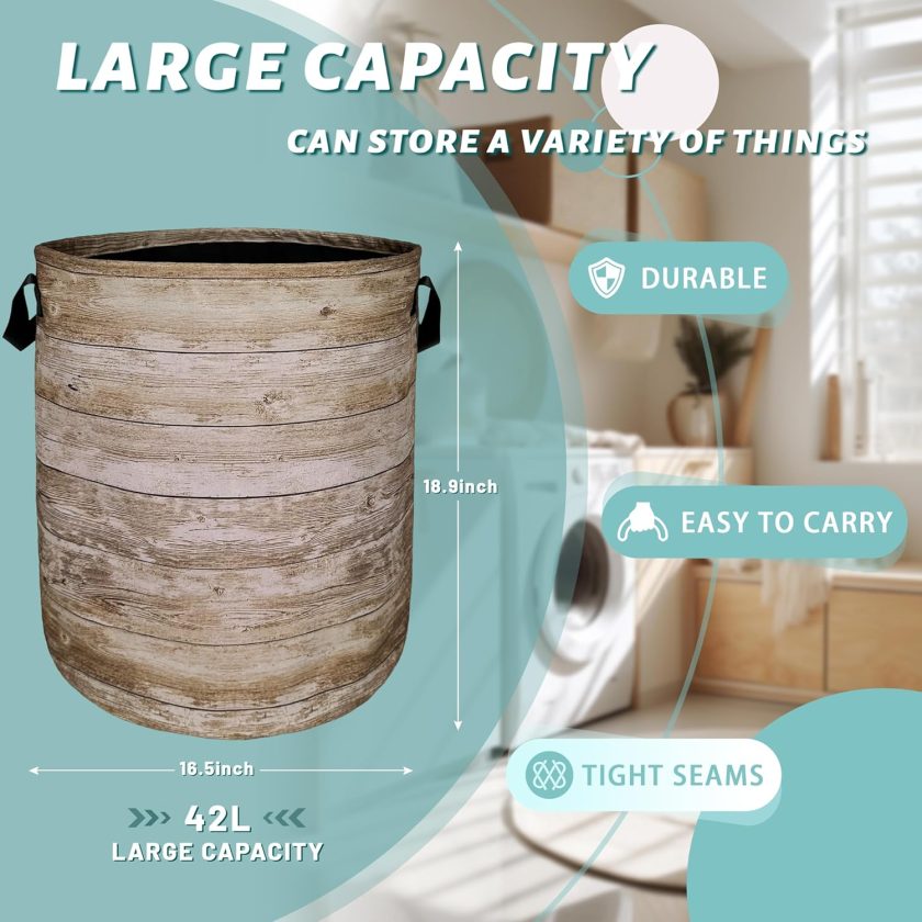 Wood Grain Laundry Basket Foldable With Handles Tree Stump Texture Tote Bag Oxford Cloth Colorful Laundry Hamper Clothes Toy Storage Bucket For Bathroom/Laundry/Bedroom 18.9" x 16.5 " - Image 2