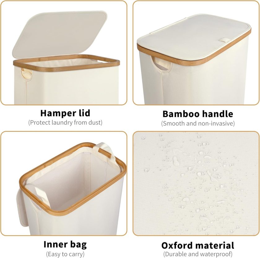 Slim Laundry Hamper, Narrow Laundry Basket with Lid,Foldable Clothes Hamper with Bamboo Handles,Hamper Basket with Removable Inner Bag for Laundry Room Bedroom College Dorm,75L Pink - Image 2