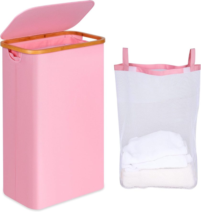 Slim Laundry Hamper, Narrow Laundry Basket with Lid,Foldable Clothes Hamper with Bamboo Handles,Hamper Basket with Removable Inner Bag for Laundry Room Bedroom College Dorm,75L Pink