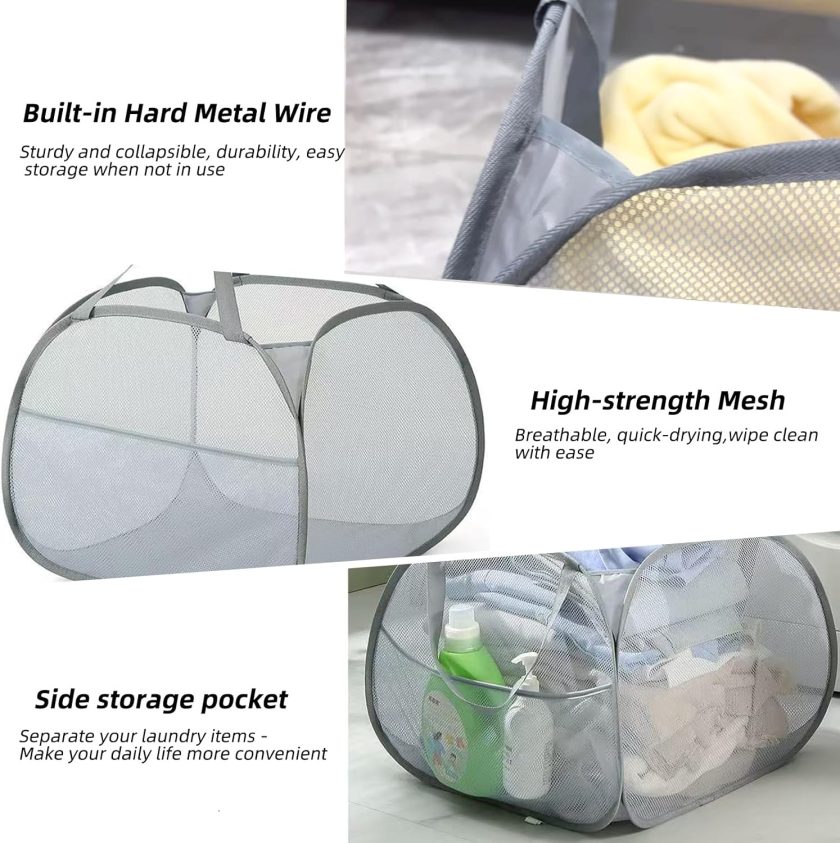 Collapsible Laundry Basket 90L, Foldable Mesh Pop-up Laundry Hamper with Handles, Dirty Clothes Hamper for Laundry with Side Storage Pocket - Image 2