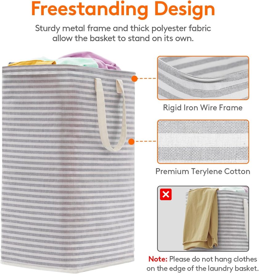 2 Pack Laundry Hamper Large Collapsible Laundry Baskets, Freestanding Waterproof Clothes Hamper with Easy Carry Handles in Laundry Room Bedroom Bathroom College Dorm for Adults, Grey, 2 x 80L - Image 2