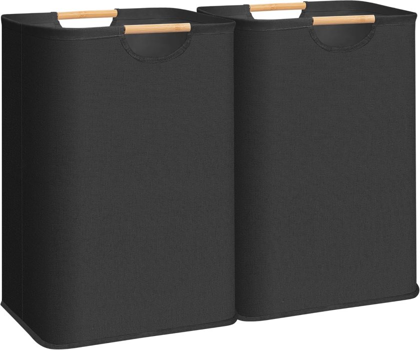 2-Pack Large Laundry Hamper, 80L (21.1 Gal) Collapsible Laundry Basket with Bamboo Handles, Freestanding Waterproof Clothes Hamper for Laundry Room, Bedroom, Dorm, Towels, Toys, Black