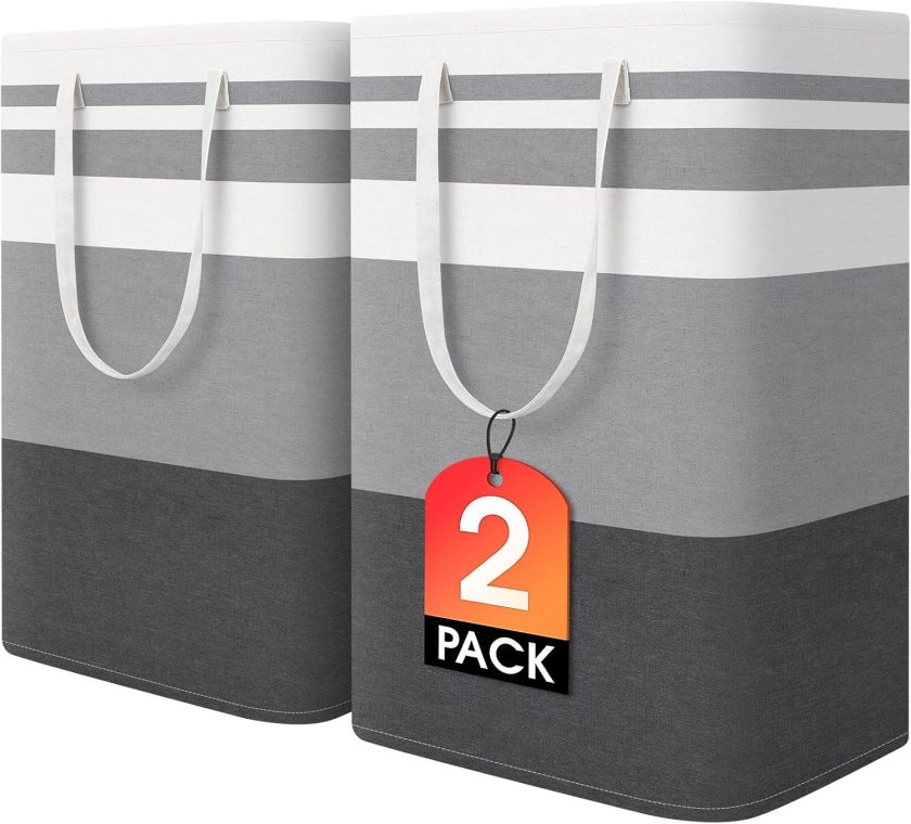 2-Pack Large Laundry Basket, Waterproof, Freestanding Laundry Hamper, Collapsible Tall Clothes Hamper with Extended Handles for Clothes Toys in the Dorm and Family-(Gradient Grey, 75L)