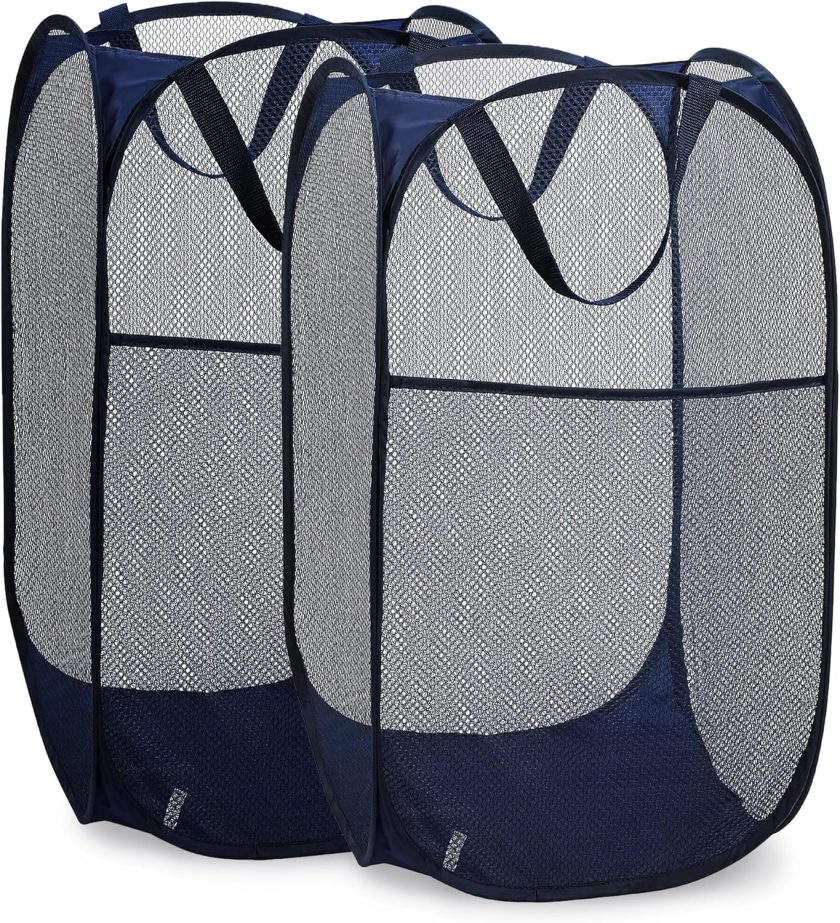 Collapsible Mesh Pop Up Hamper with Wide Opening and Side Pocket – Breathable, Sturdy, Foldable, and Space-Saving Design for Clothes and Storage. (Blue | 2-Pack)