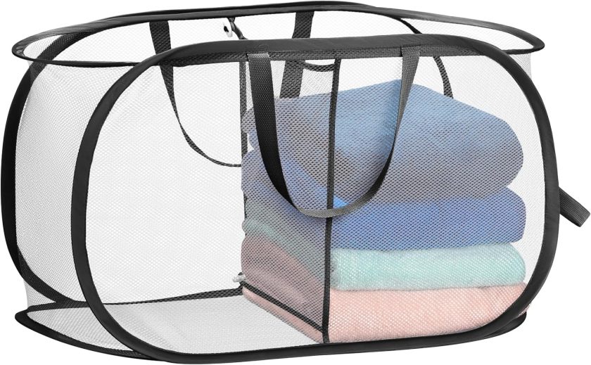 Foldable Laundry Basket - Popup & Collapsible, Durable Mesh Material, Folds for Storage, Easy Carry Handles, Great for College Dorm, Laundry Room or Travel (White-Black | 2-Compartments)